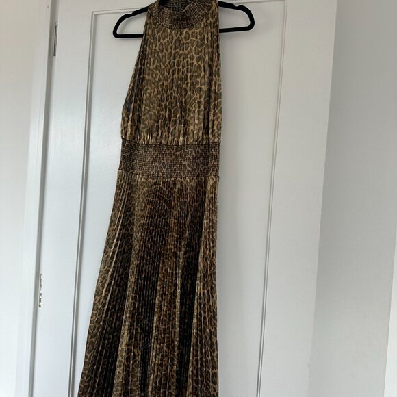 NWT A.L.C. Renzo Pleated Midi Dress Metallic Gold Sz 12 Leopard Print Mock Neck - Picture 5 of 9